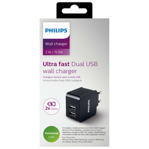 USB netvoeding adapter 2xUSB 3100mA zwart